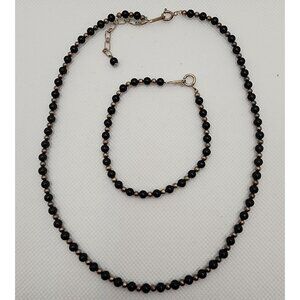Vintage Black Beaded Sterling Silver 925 Necklace & Bracelet Set Adjustable Leng